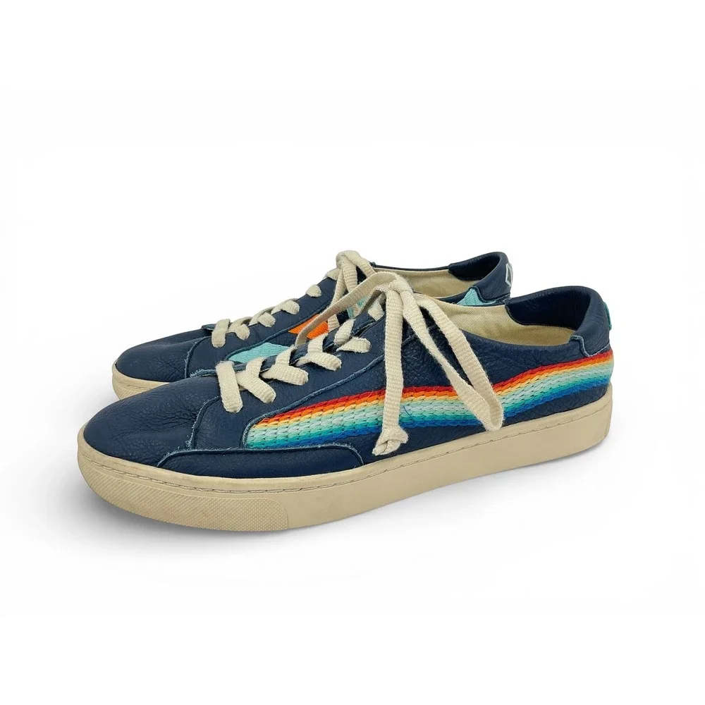 Soludos Chill Out Navy Leather Low Top Sneakers Womens 9.5‎ Embroidered Rainbow
